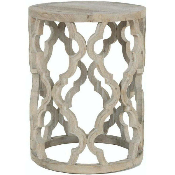 Round Carved Wood Clover End Table Smoke Gray Elm Side Tables LOOMLAN By Essentials For Living