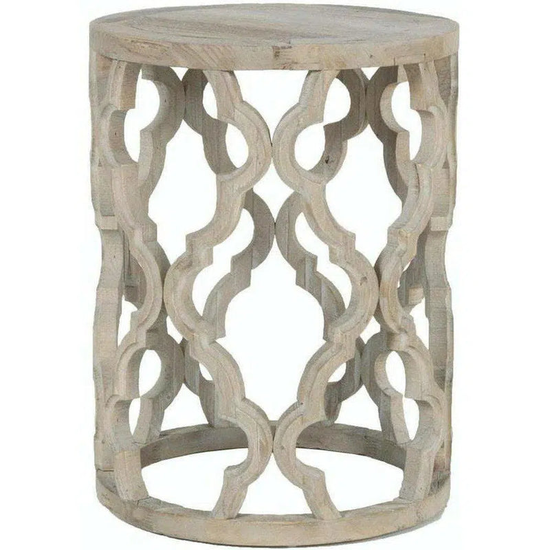 Round Carved Wood Clover End Table Smoke Gray Elm