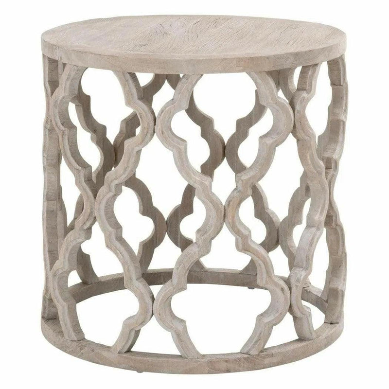 Round Carved Wood Clover Large End Table Smoke Gray Elm