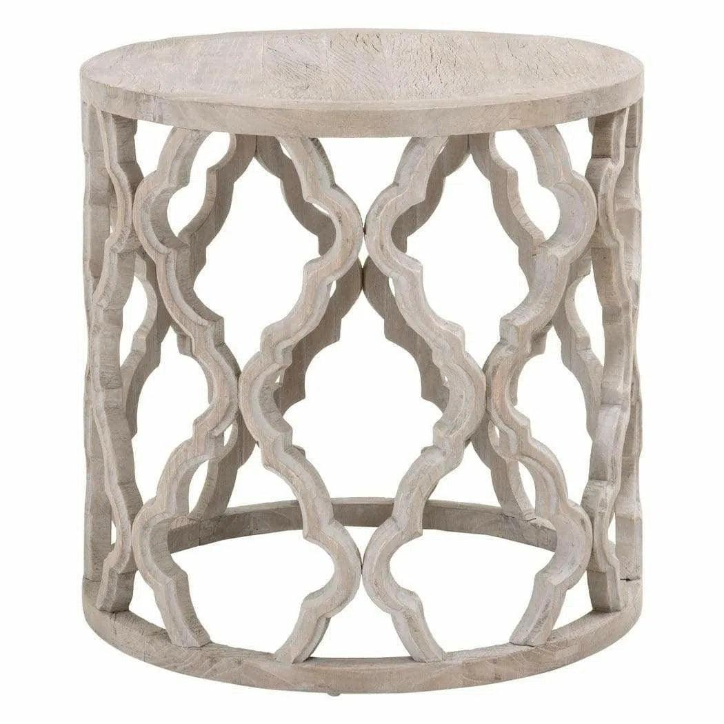 Round Carved Wood Clover Large End Table Smoke Gray Elm