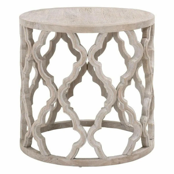 Round Carved Wood Clover Large End Table Smoke Gray Elm Side Tables LOOMLAN By Essentials For Living