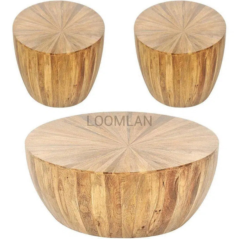 Round Drum End Accent Table Rustic Sunburst