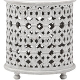 Round Drum Hand Carved White Accent Table