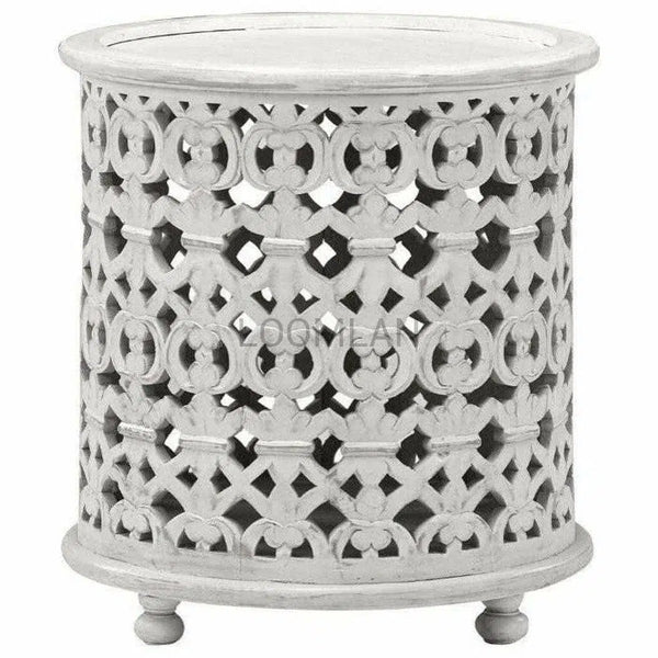 Round Drum Hand Carved White Accent Table