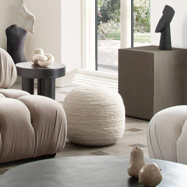 Round Pouf in White Dyed Natural Wool-Poufs and Stools-Diamond Sofa-LOOMLAN