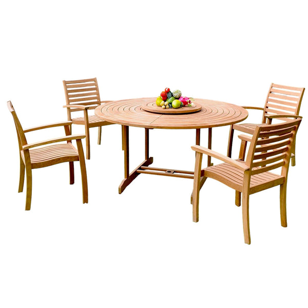 Royal 5-Piece Round Teak Outdoor Dining Set with Lazy Susan and Stacking Armchairs-Outdoor Dining Sets-HiTeak-LOOMLAN