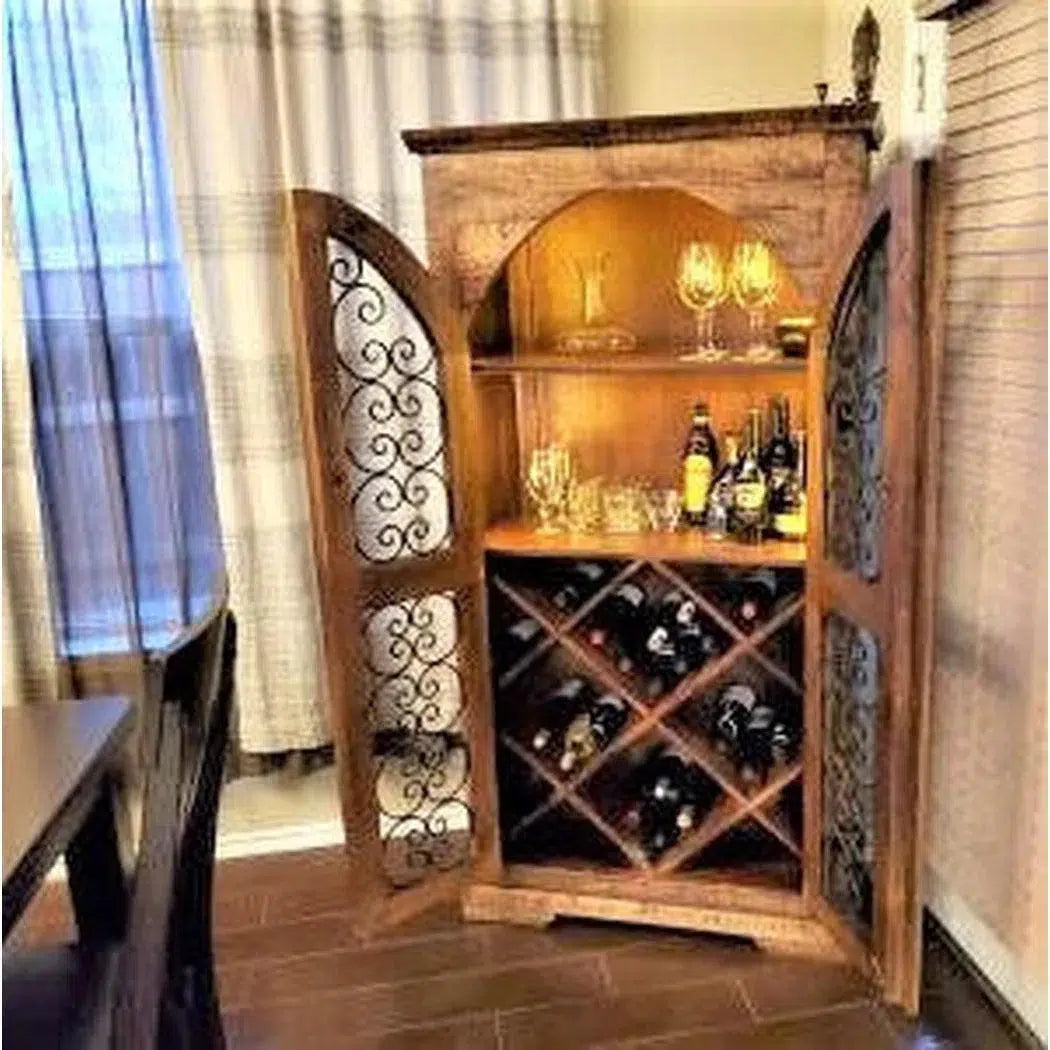 Rustic Iron Filigree Door Wine Cabinet Bar