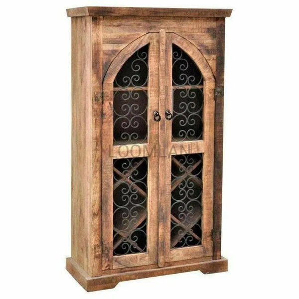 Rustic Iron Filigree Door Wine Cabinet Bar