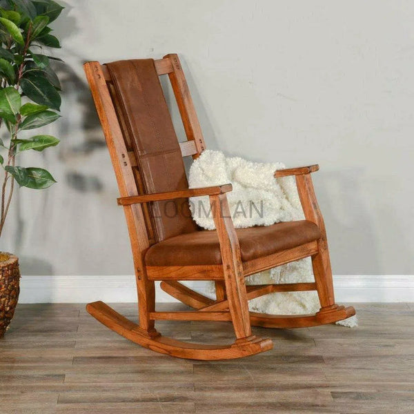 Rustic Oak Tan Vegan Leather Upholstered Solid Wood Rocker Chair Club Chairs LOOMLAN By Sunny D