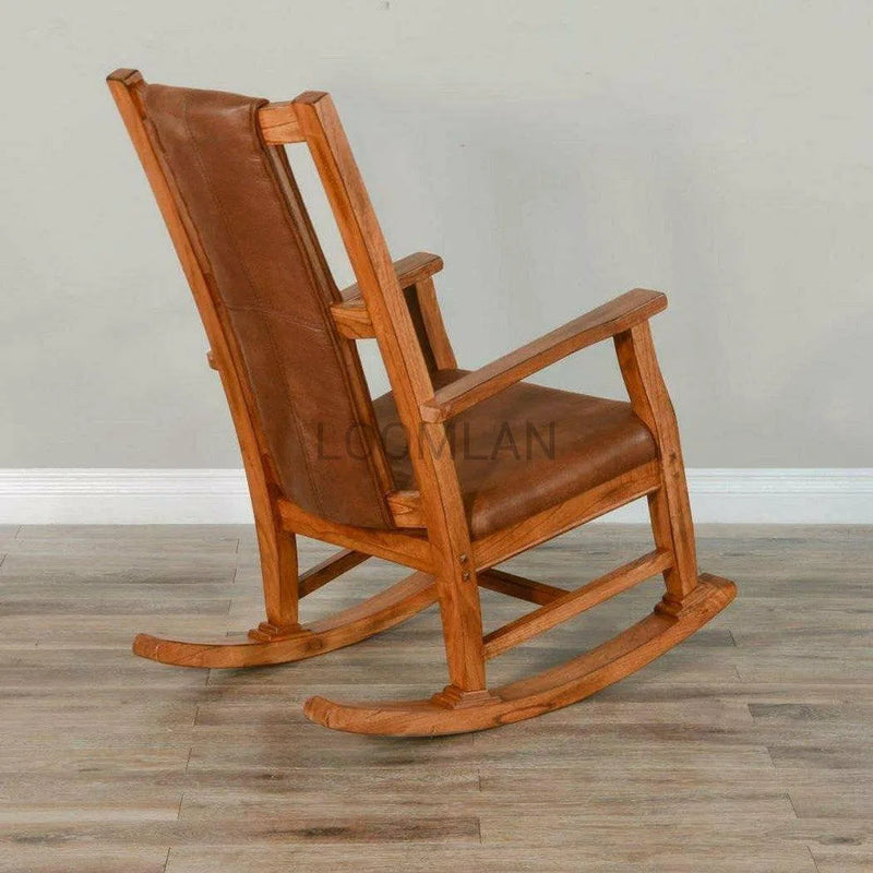 Rustic Oak Tan Vegan Leather Upholstered Solid Wood Rocker Chair Club Chairs LOOMLAN By Sunny D