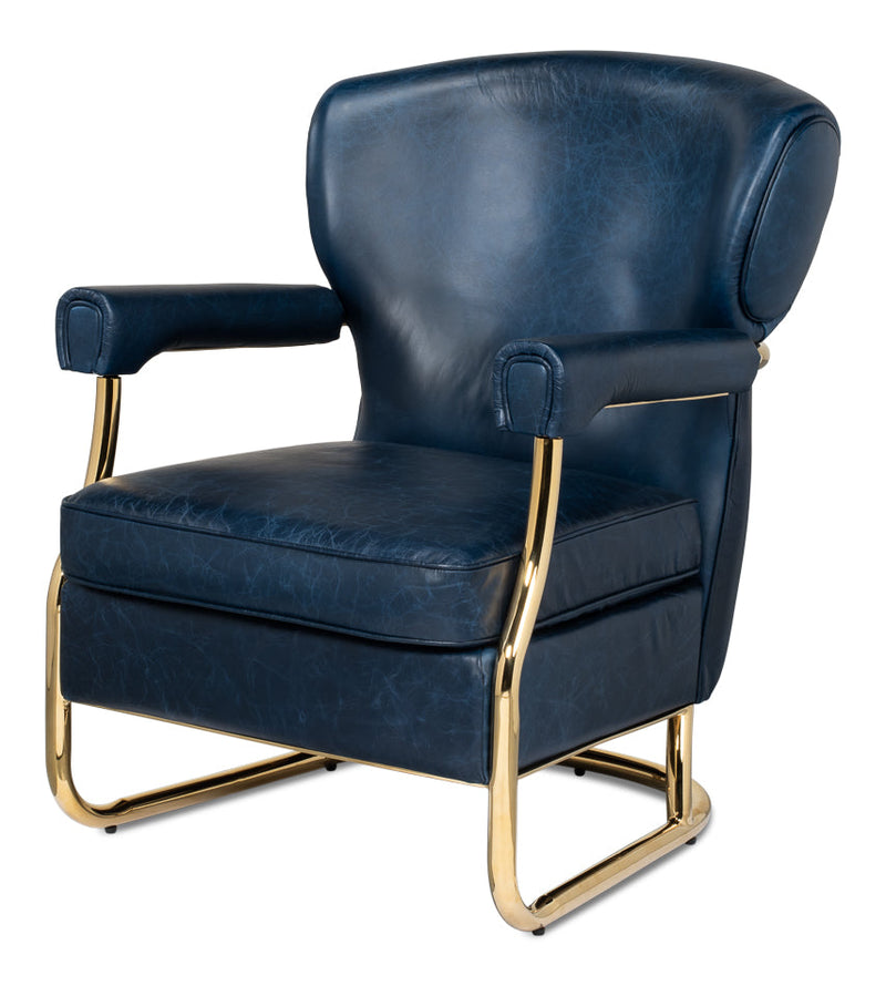 Santa Monica Mid Century Blue Leather Accent Chair-Accent Chairs-Sarreid-LOOMLAN