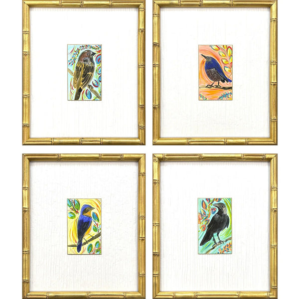 Sassy Birds Wood Blue Framed Wall Art 4PC