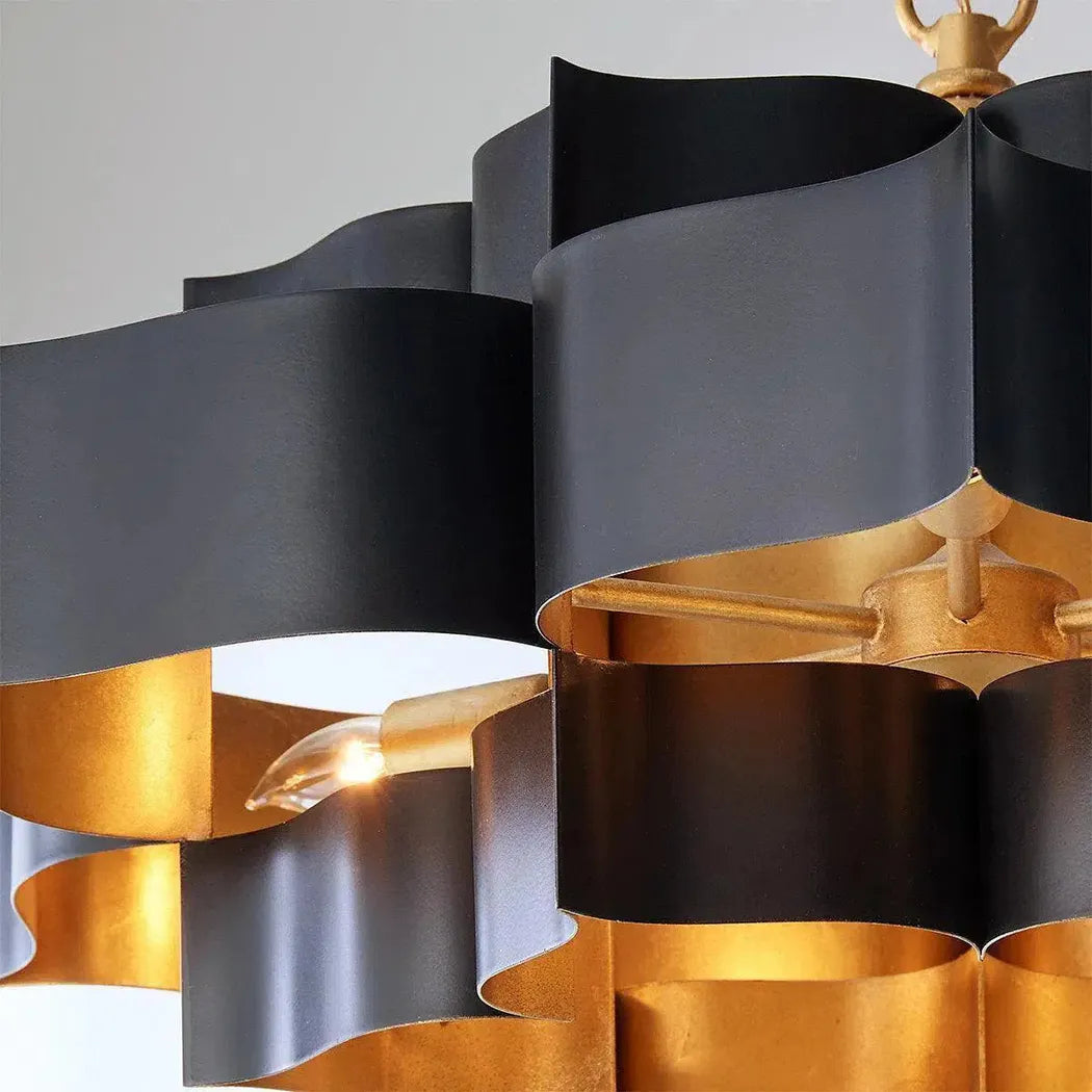 Satin Black Gold Leaf Grand Lotus Black Chandelier