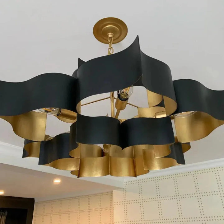 Satin Black Gold Leaf Grand Lotus Black Chandelier - LOOMLAN - Currey & Co - Chandeliers