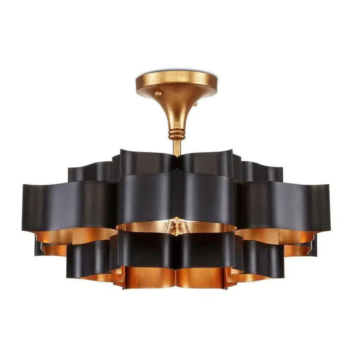 Satin Black Gold Leaf Grand Lotus Black Chandelier - LOOMLAN - Currey & Co - Chandeliers