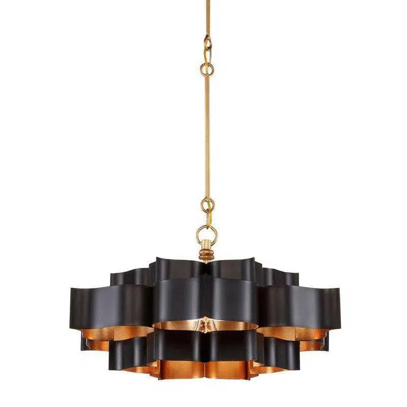 Satin Black Gold Leaf Grand Lotus Black Chandelier