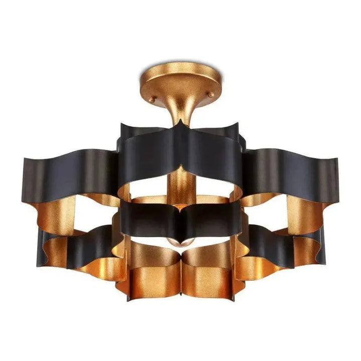 Satin Black Gold Leaf Grand Lotus Black Chandelier - LOOMLAN - Currey & Co - Chandeliers