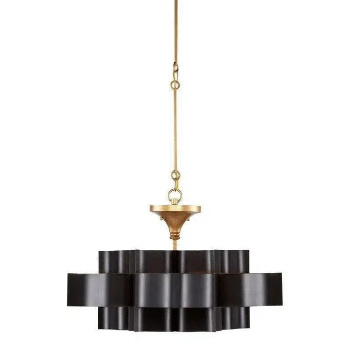 Satin Black Gold Leaf Grand Lotus Black Chandelier - LOOMLAN - Currey & Co - Chandeliers
