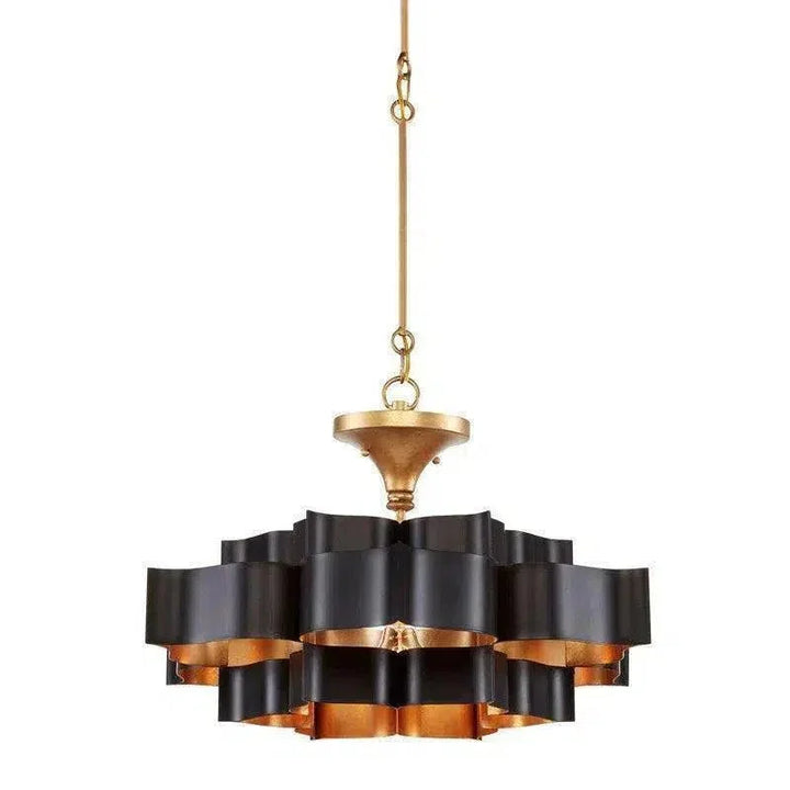 Satin Black Gold Leaf Grand Lotus Black Chandelier - LOOMLAN - Currey & Co - Chandeliers