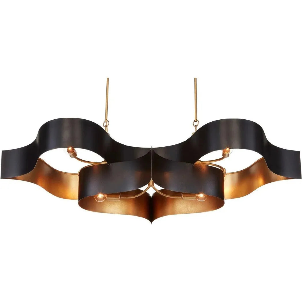 Satin Black Gold Leaf Grand Lotus Black Oval Chandelier