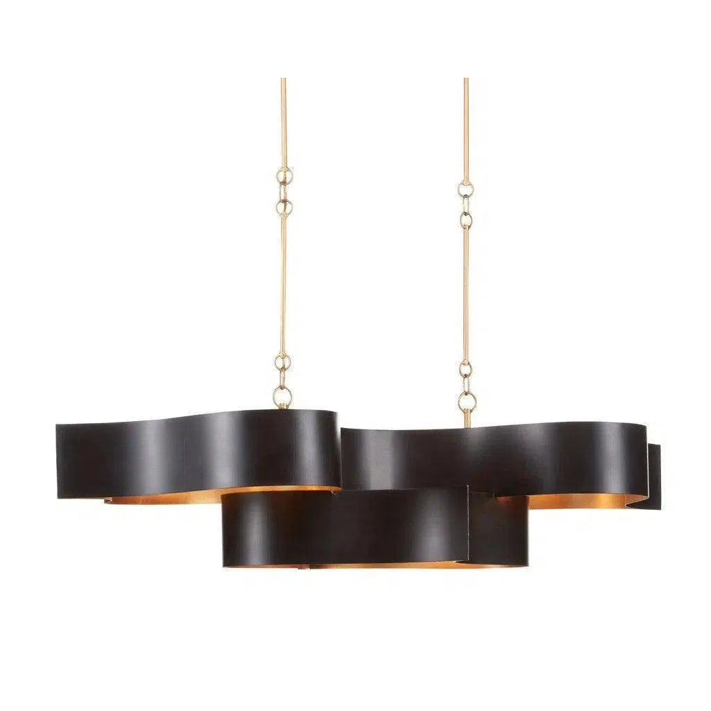 Satin Black Gold Leaf Grand Lotus Black Oval Chandelier