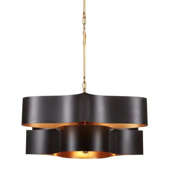 Satin Black Gold Leaf Grand Lotus Black Oval Chandelier - LOOMLAN - Currey & Co - Chandeliers