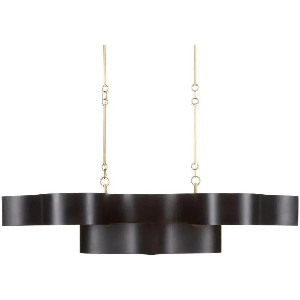 Satin Black Gold Leaf Grand Lotus Black Oval Chandelier