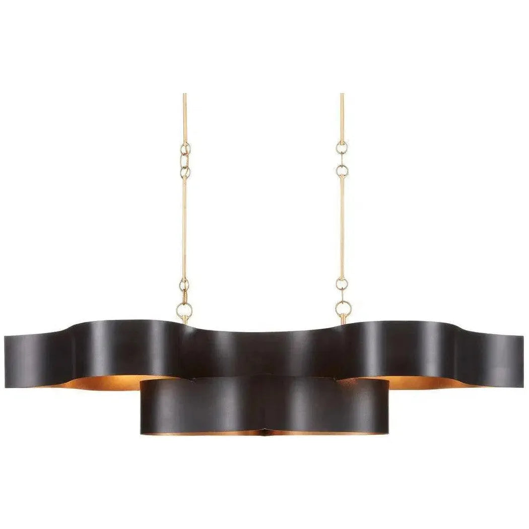 Satin Black Gold Leaf Grand Lotus Black Oval Chandelier