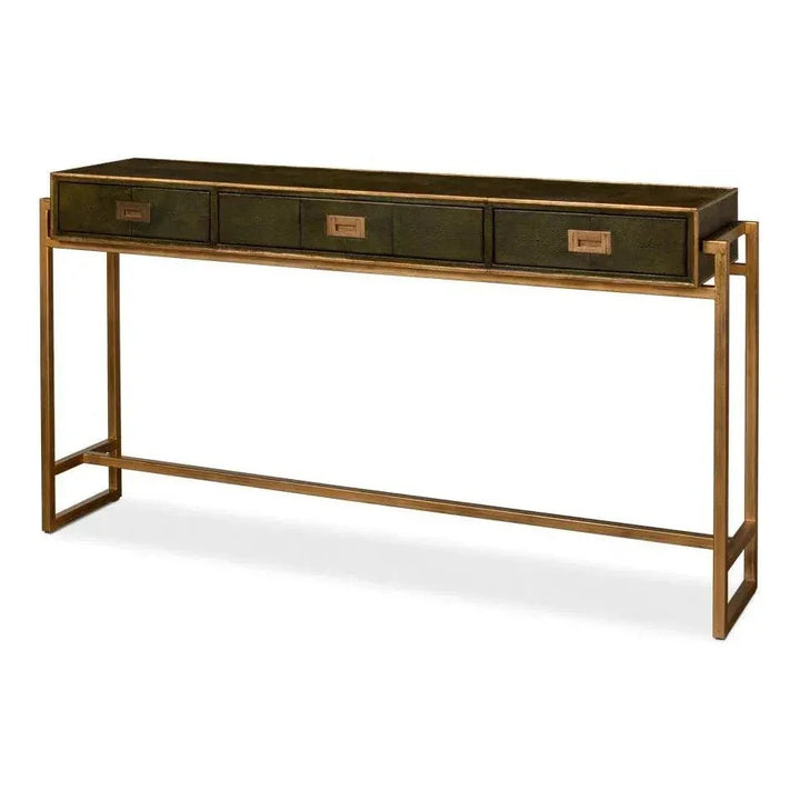 Shagreen Console Table Drawers Leaf Green Leather - LOOMLAN - Sarreid - Console Tables