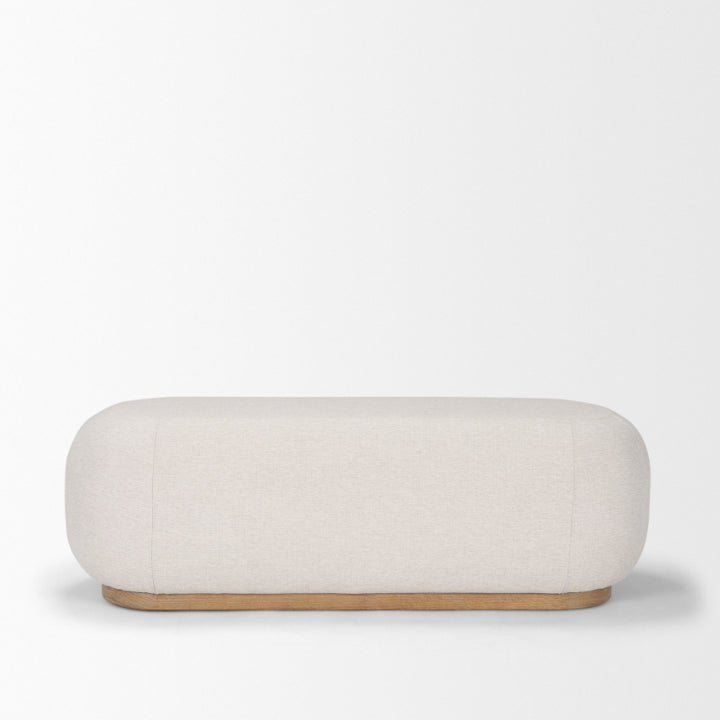 White ottoman with wooden base on a light gray background