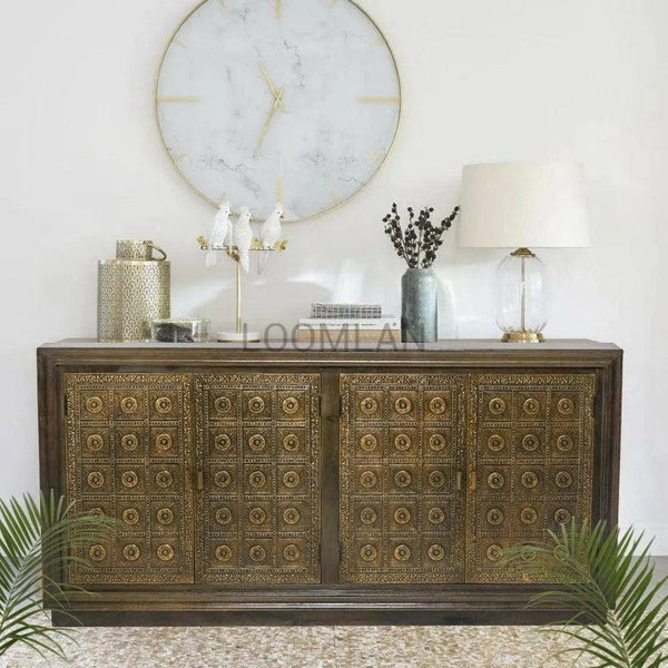 Slim Circle 4 Brass Doors Wood Base Sideboard