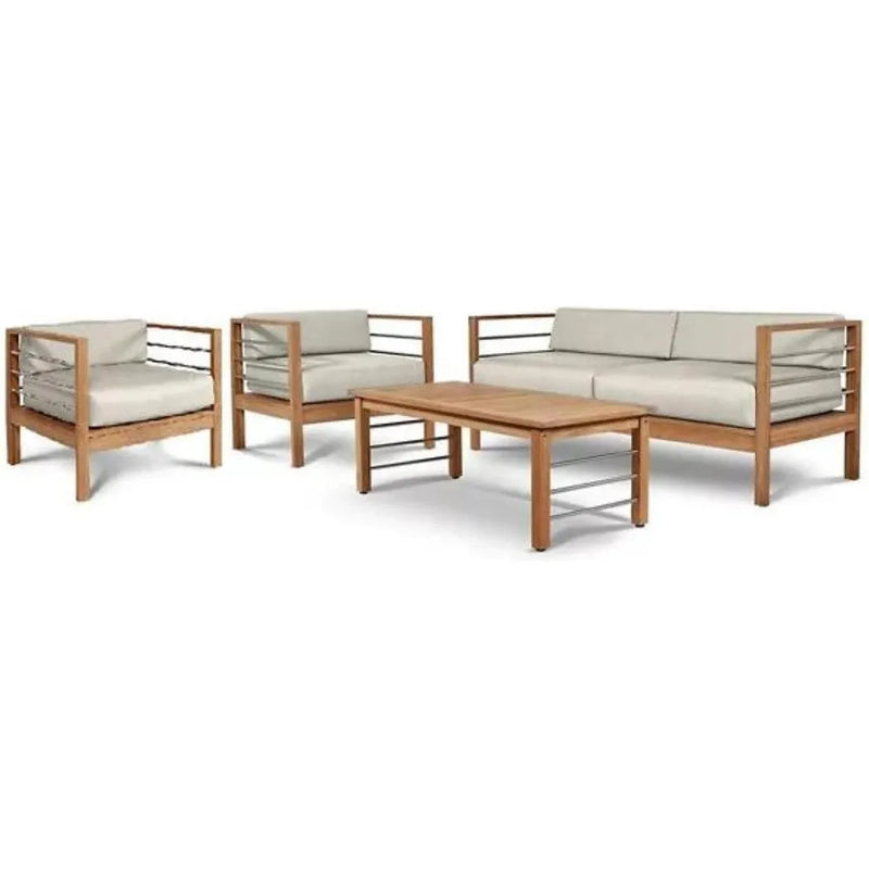 SoHo 4PC Teak Outdoor Patio Deep Set Sunbrella Cushion-Outdoor Lounge Sets-HiTeak-Beige-LOOMLAN