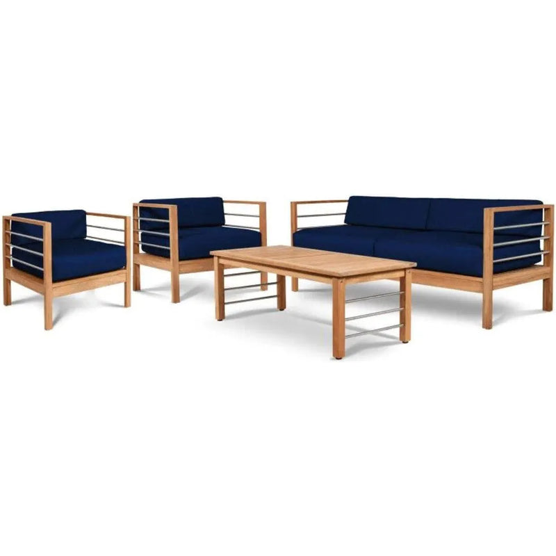 SoHo 4PC Teak Outdoor Patio Deep Set Sunbrella Cushion-Outdoor Lounge Sets-HiTeak-Navy-LOOMLAN