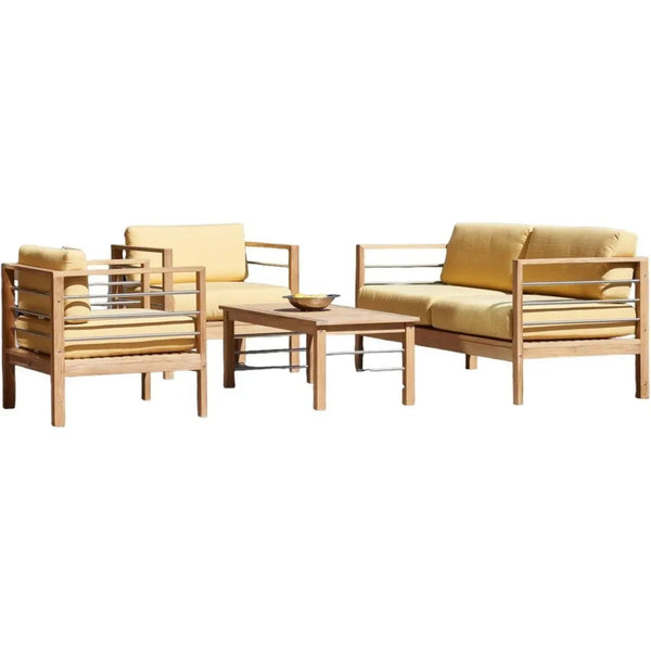 SoHo 4PC Teak Outdoor Patio Deep Set Sunbrella Cushion-Outdoor Lounge Sets-HiTeak-Yellow-LOOMLAN