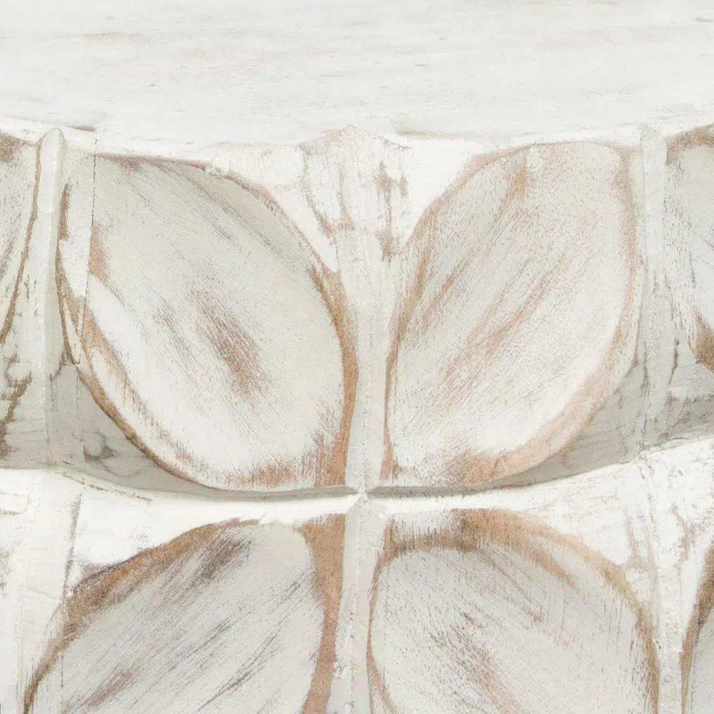 Solid Wood Accent Table White Leaf Motif