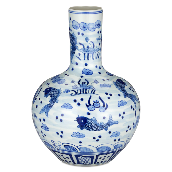 South Sea Blue & White Large Long Neck Vase-Vases & Jars-Currey & Co-LOOMLAN