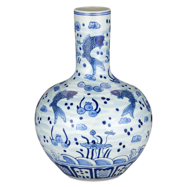 South Sea Blue & White Large Long Neck Vase-Vases & Jars-Currey & Co-LOOMLAN