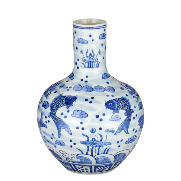 South Sea Blue & White Medium Long Neck Vase-Vases & Jars-Currey & Co-LOOMLAN