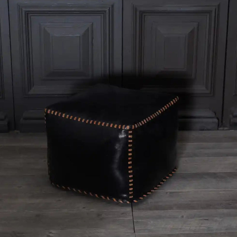 Stitched Leather Upholstered Square Ottoman