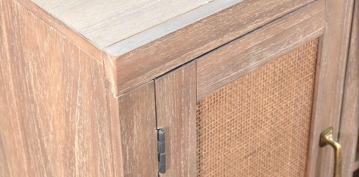 Wooden cabinet with a textured finish and a gold handle.