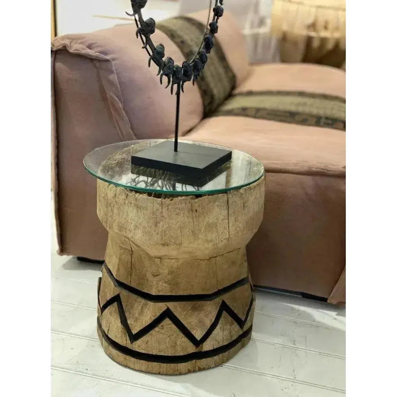 Tabari Glass Topped Wooden Round End Table-Side Tables-Artesia-LOOMLAN