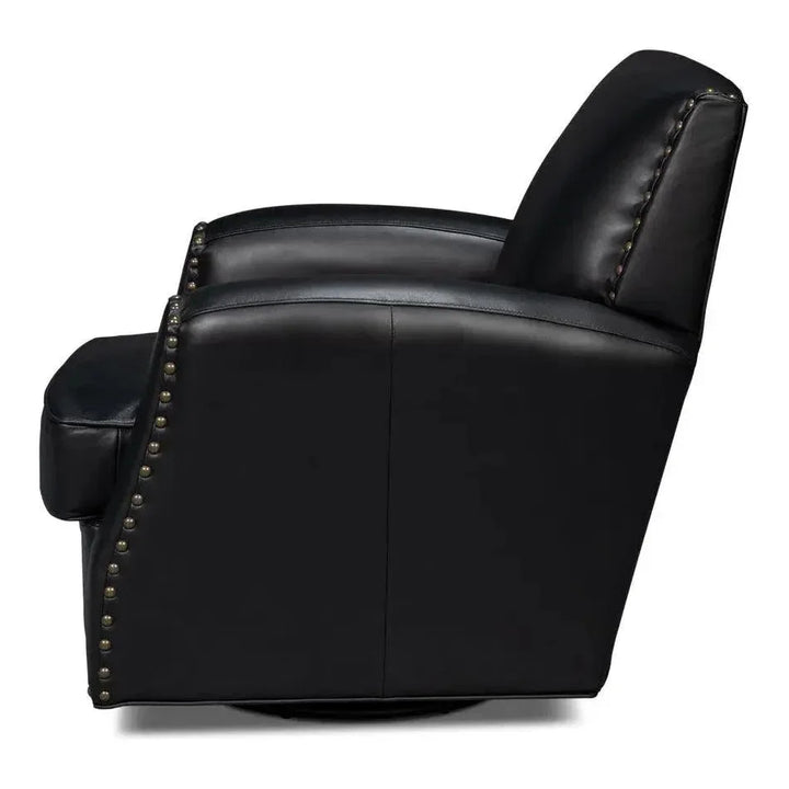Taft Wood and Leather Black Swivel Arm Chair - LOOMLAN - Sarreid - Club Chairs