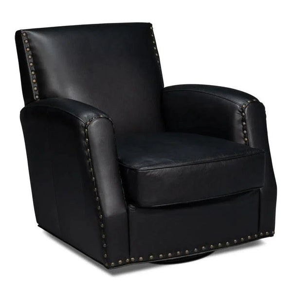 Taft Wood and Leather Black Swivel Arm Chair - LOOMLAN - Sarreid - Club Chairs