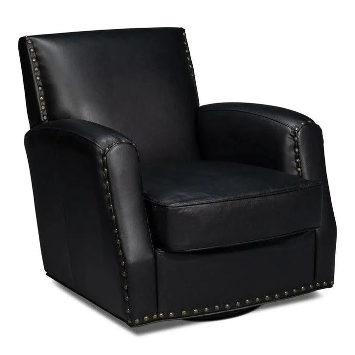 Taft Wood and Leather Black Swivel Arm Chair - LOOMLAN - Sarreid - Club Chairs