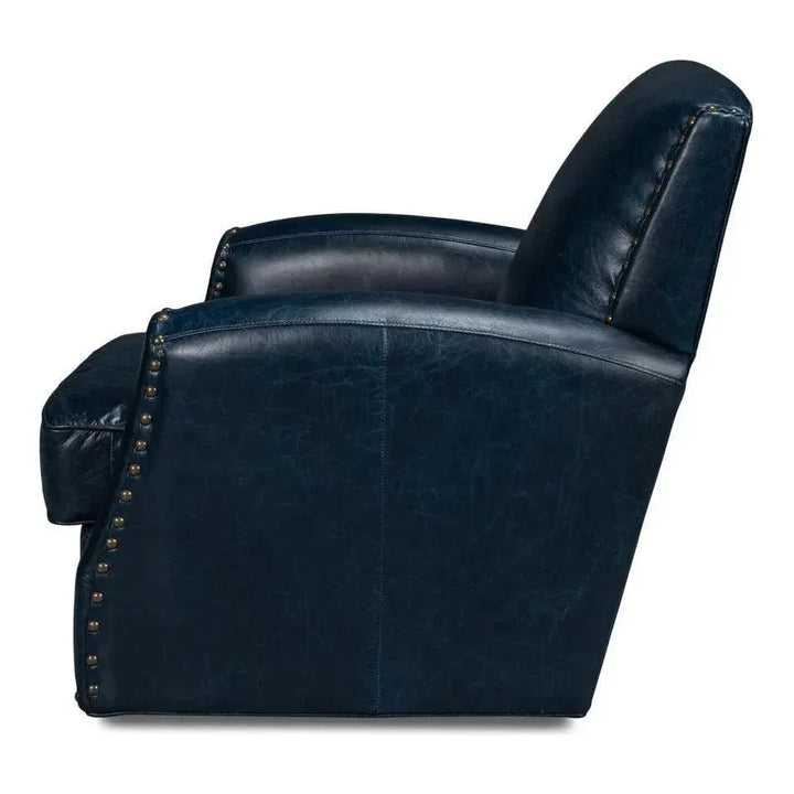 Taft Wood and Leather Blue Swivel Arm Chair - LOOMLAN - Sarreid - Club Chairs