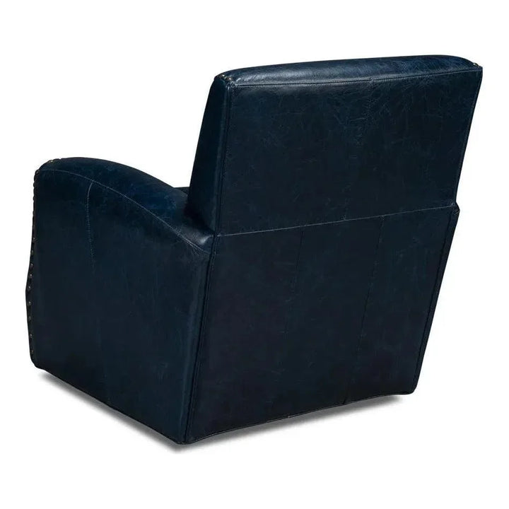 Taft Wood and Leather Blue Swivel Arm Chair - LOOMLAN - Sarreid - Club Chairs