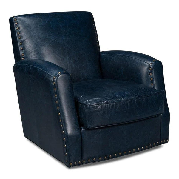 Taft Wood and Leather Blue Swivel Arm Chair - LOOMLAN - Sarreid - Club Chairs