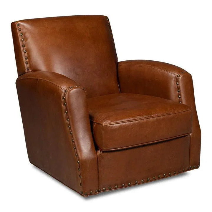 Taft Wood and Leather Brown Swivel Arm Chair - LOOMLAN - Sarreid - Club Chairs