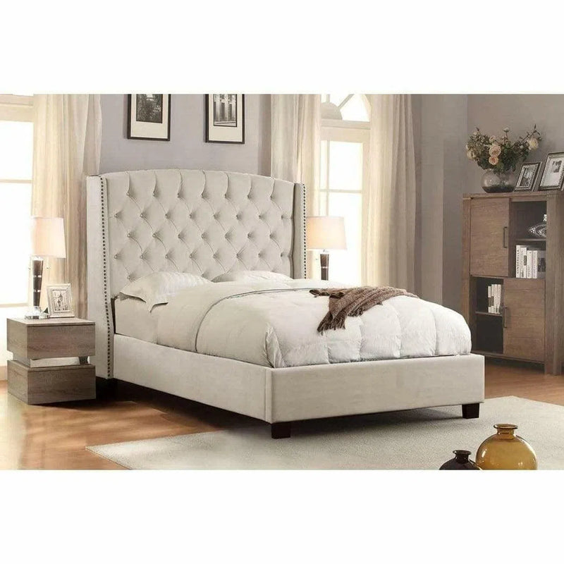 Taupe Tan Velvet Wingback Eastern King Bed Frame With Nail Head Beds LOOMLAN By Diamond Sofa