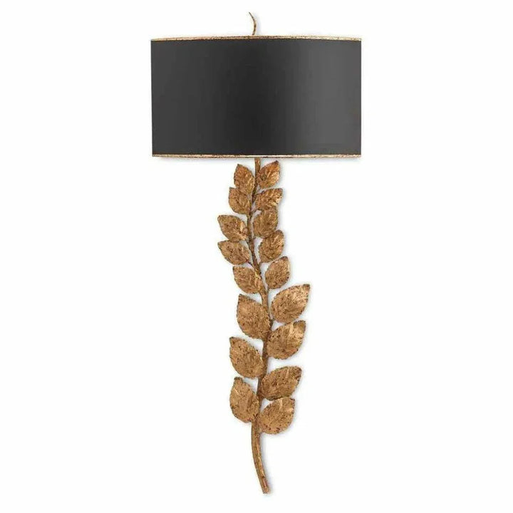 Textured Gold Leaf Satin Black Birdwood Wall Sconce - LOOMLAN - Currey & Co - Wall Sconces